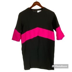 Lisa Perry Women Sz XS Sheath Dress Pink Black Wool Silk Short Sleeve Pocket T1